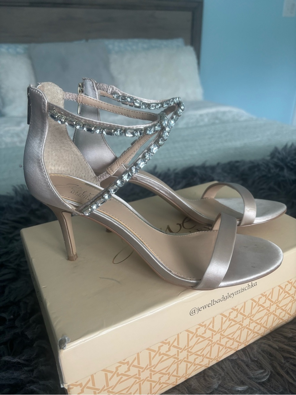 Jewel Badgley Mischka Rose Gold Satin Crystal Ankle-Strap Heels